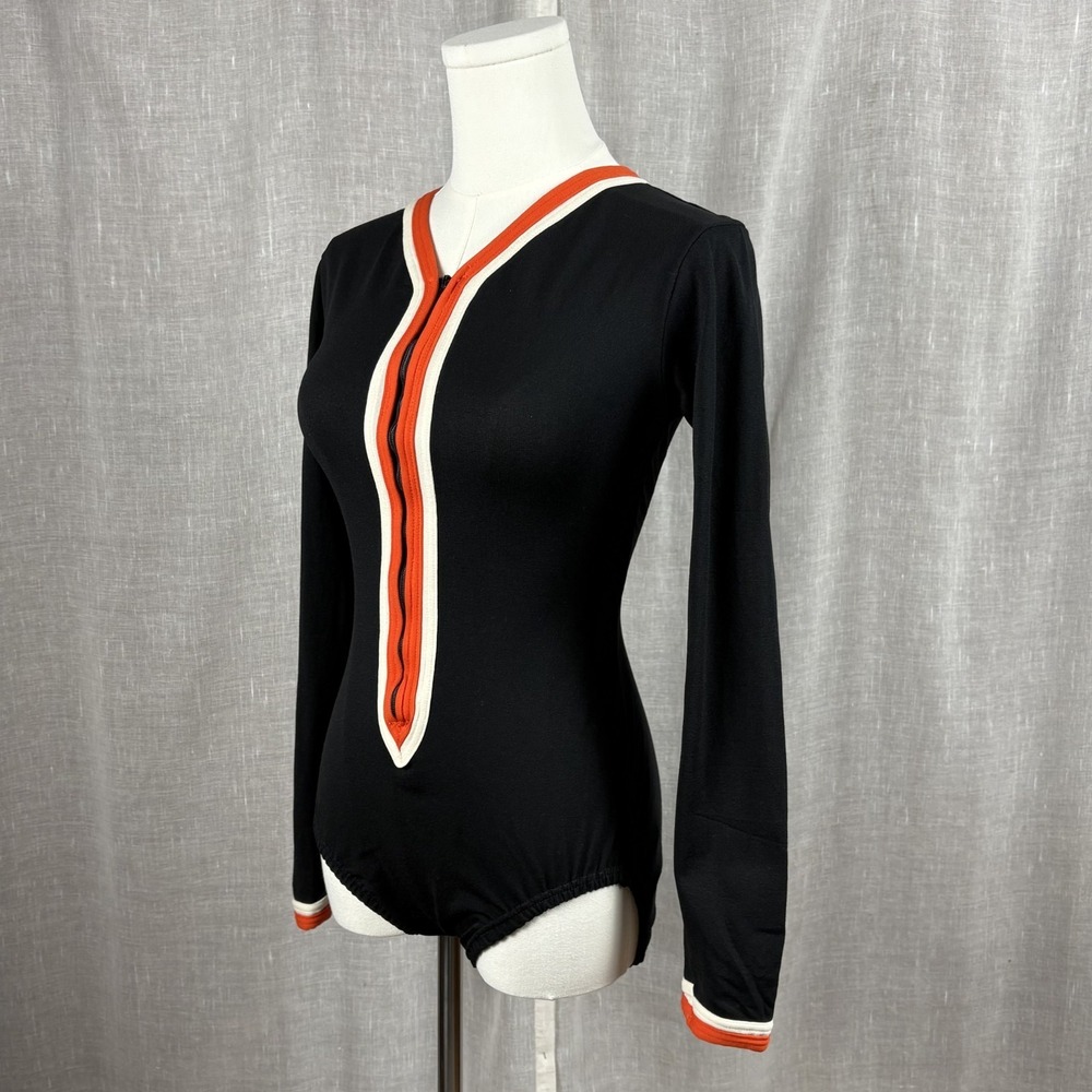Vintage 60's MOD Bodysuit Leotard Black Red Dance Long Sleeve GoGo Size Med Long